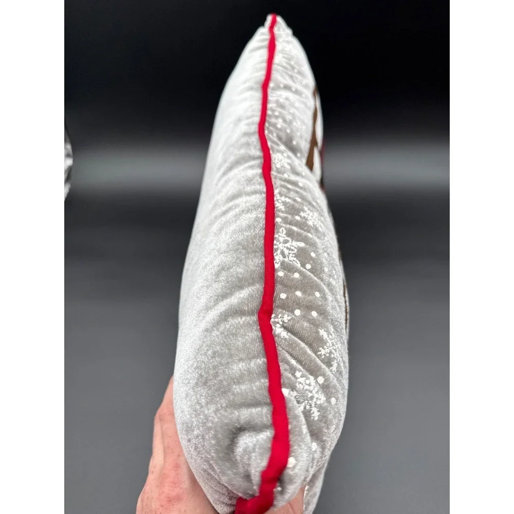 Santa Sleigh and Snowflake Christmas Throw Pillow/Red Trim -Soft Velvet Material